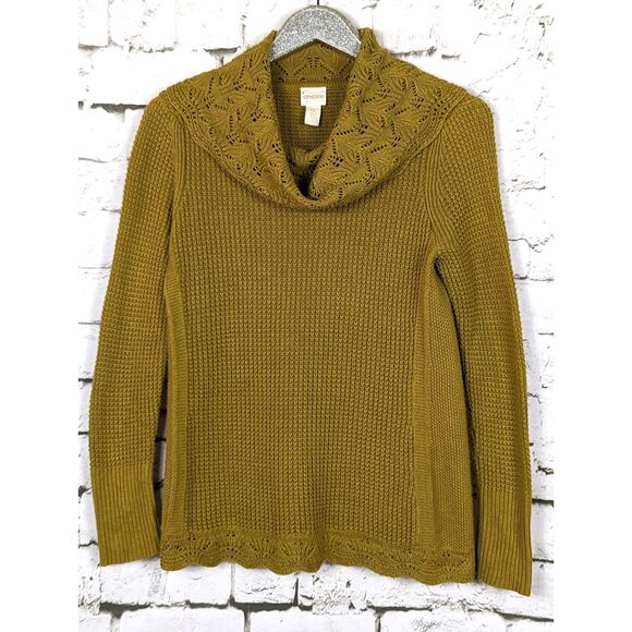 CHICO'S Cottage Boho Pointelle Waffle Knit Cowl Neck Sweater Golden Size 0 (S/4) - Picture 4 of 9
